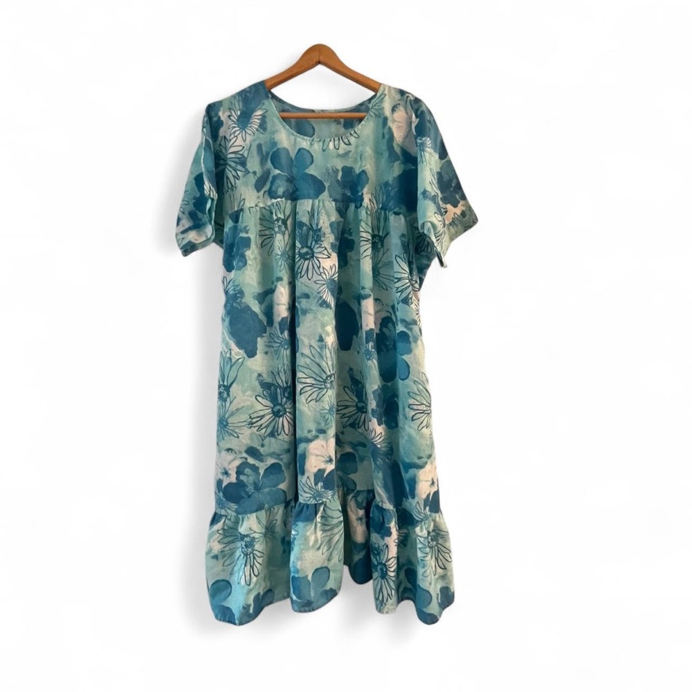 Vintage 90s Teal Blue Women's XL Floral Lightweight House Dress Mumu Night Gown